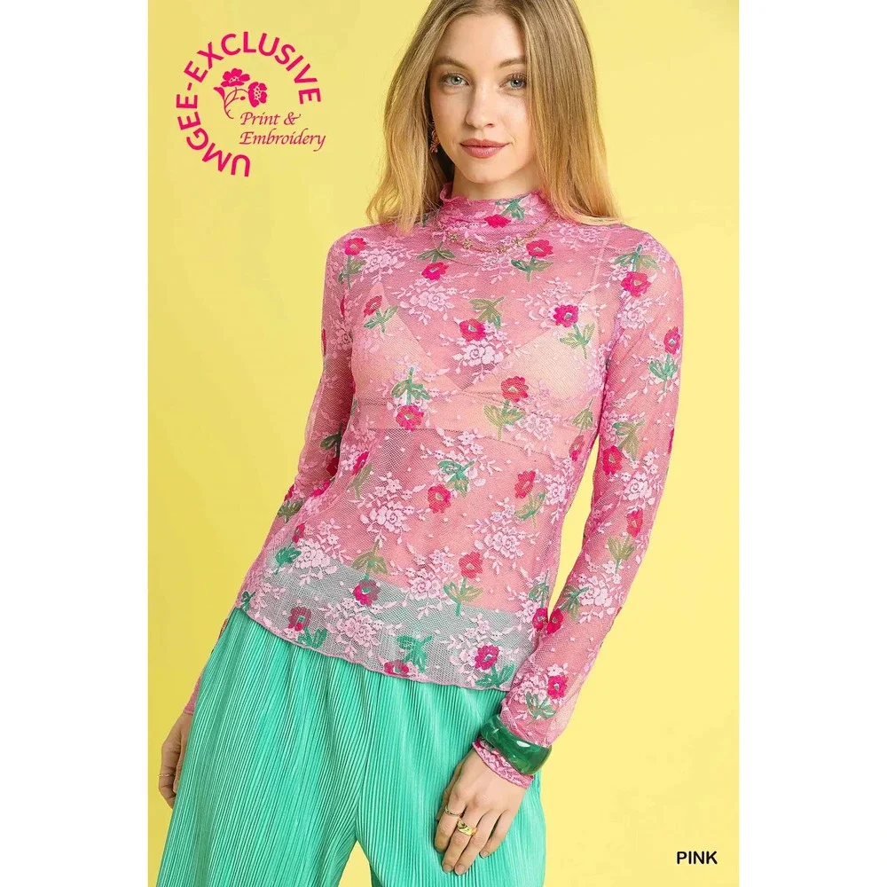 A1759P Umgee Bloom Mesh Floral Lace Top Pink Various Sizes